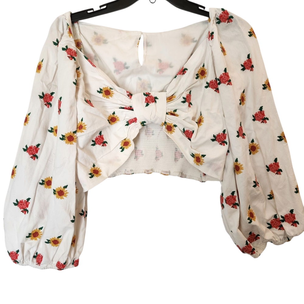 FARM Rio White Cream Crop Blouse with Tie Front